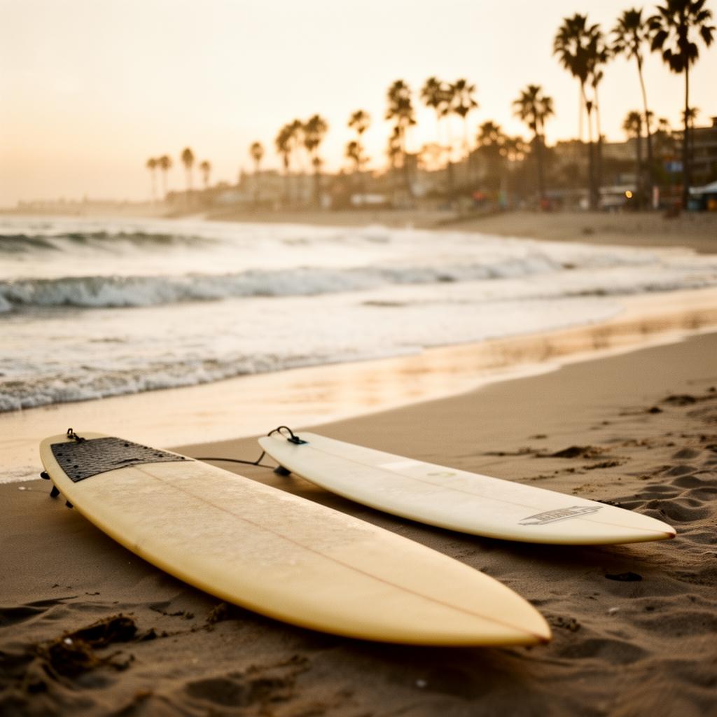 An adult and a child surfboard lying in the sand on a San Diego beach at sunset